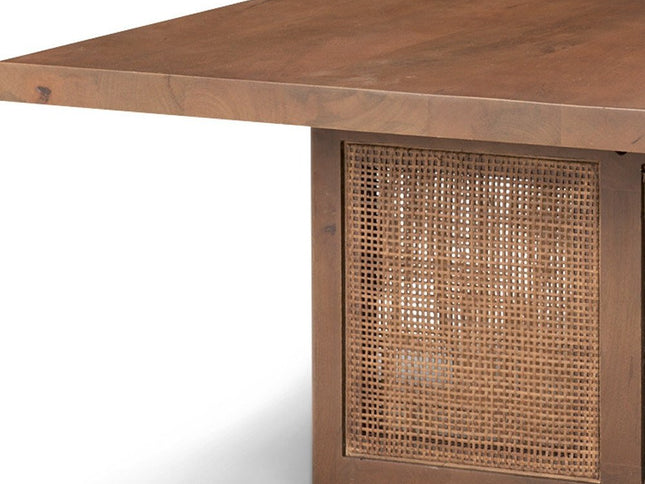 42" Brown and Natural Solid Wood and Wicker Square Double Pedestal Coffee Table