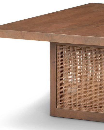 42" Brown and Natural Solid Wood and Wicker Square Double Pedestal Coffee Table