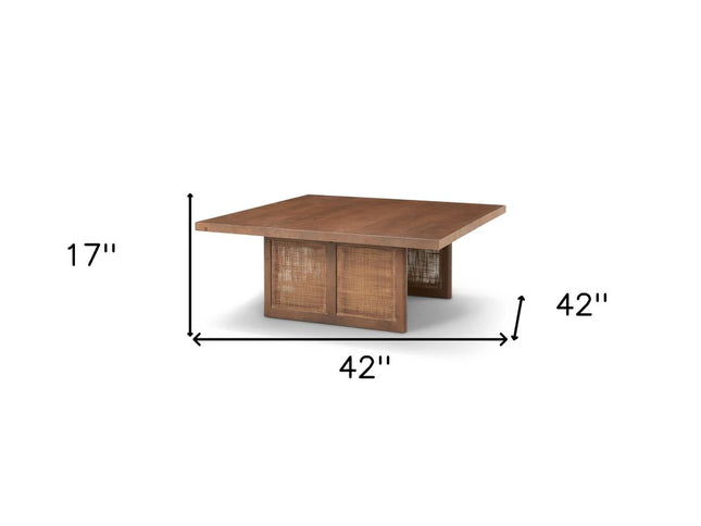 42" Brown and Natural Solid Wood and Wicker Square Double Pedestal Coffee Table