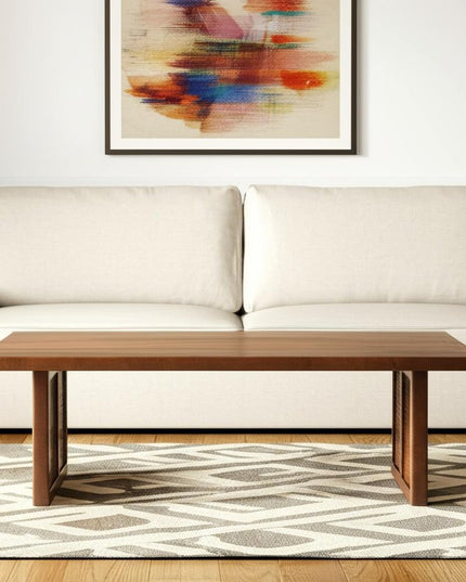 42" Brown and Natural Solid Wood and Wicker Square Double Pedestal Coffee Table