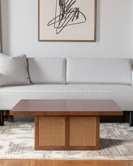 42" Brown and Natural Solid Wood and Wicker Square Double Pedestal Coffee Table