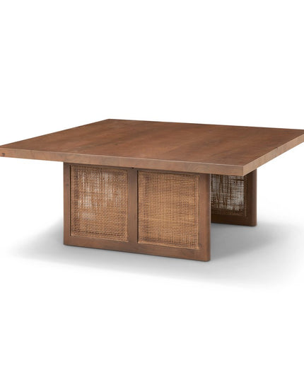 42" Brown and Natural Solid Wood and Wicker Square Double Pedestal Coffee Table