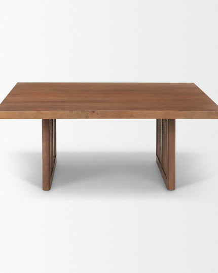 42" Brown and Natural Solid Wood and Wicker Square Double Pedestal Coffee Table