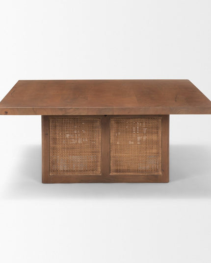 42" Brown and Natural Solid Wood and Wicker Square Double Pedestal Coffee Table