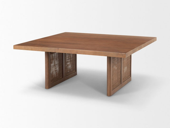 42" Brown and Natural Solid Wood and Wicker Square Double Pedestal Coffee Table