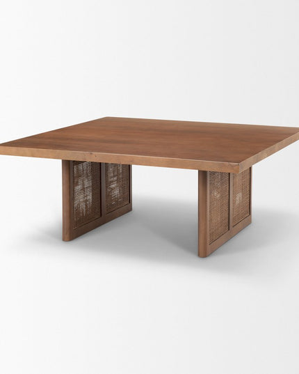 42" Brown and Natural Solid Wood and Wicker Square Double Pedestal Coffee Table