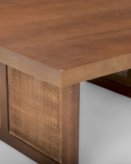 42" Brown and Natural Solid Wood and Wicker Square Double Pedestal Coffee Table