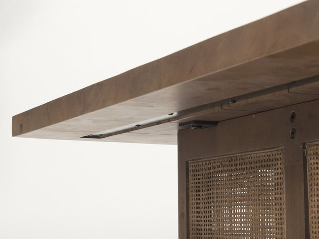 42" Brown and Natural Solid Wood and Wicker Square Double Pedestal Coffee Table