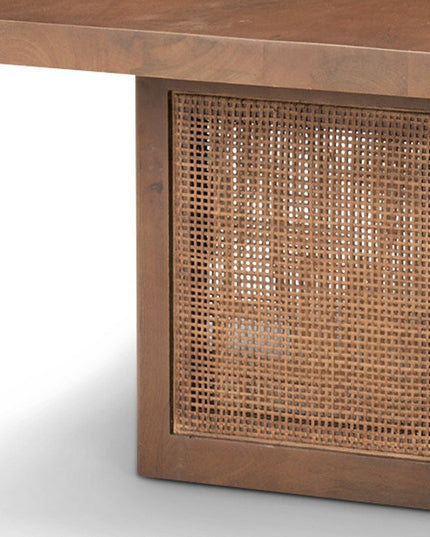 42" Brown and Natural Solid Wood and Wicker Square Double Pedestal Coffee Table