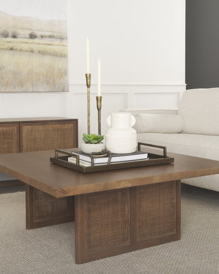 42" Brown and Natural Solid Wood and Wicker Square Double Pedestal Coffee Table