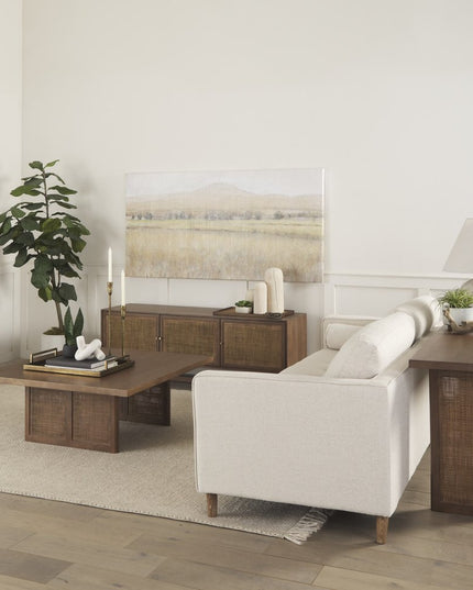 42" Brown and Natural Solid Wood and Wicker Square Double Pedestal Coffee Table