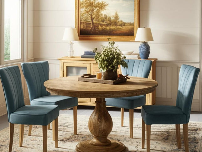 Five Piece Natural Round Solid Wood Dining Set with Four Chairs