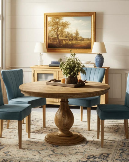 Five Piece Natural Round Solid Wood Dining Set with Four Chairs