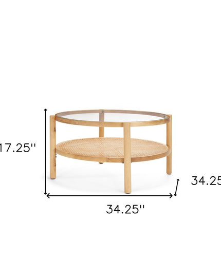 34" Clear and Natural Glass and Solid Wood Round Coffee Table With Shelf