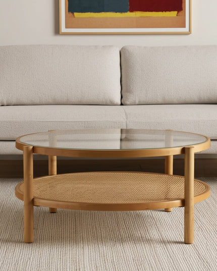 34" Clear and Natural Glass and Solid Wood Round Coffee Table With Shelf