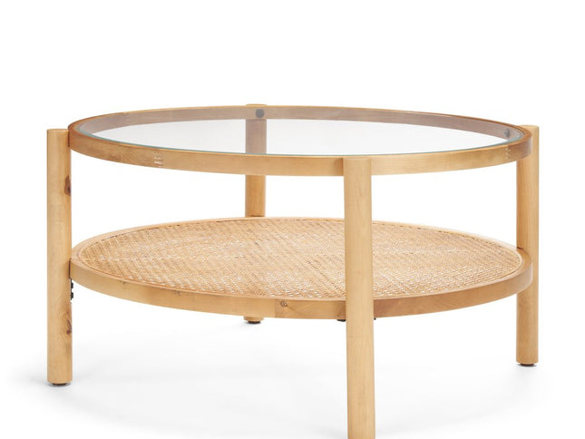 34" Clear and Natural Glass and Solid Wood Round Coffee Table With Shelf