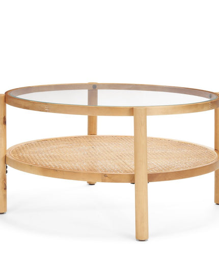 34" Clear and Natural Glass and Solid Wood Round Coffee Table With Shelf