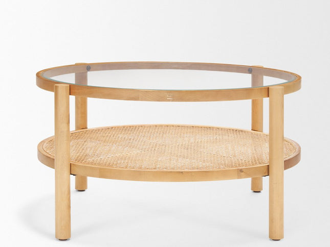 34" Clear and Natural Glass and Solid Wood Round Coffee Table With Shelf