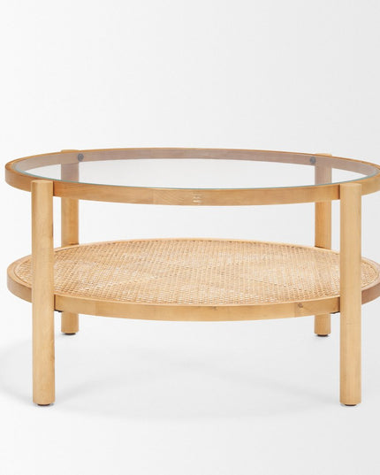 34" Clear and Natural Glass and Solid Wood Round Coffee Table With Shelf