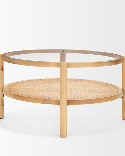 34" Clear and Natural Glass and Solid Wood Round Coffee Table With Shelf