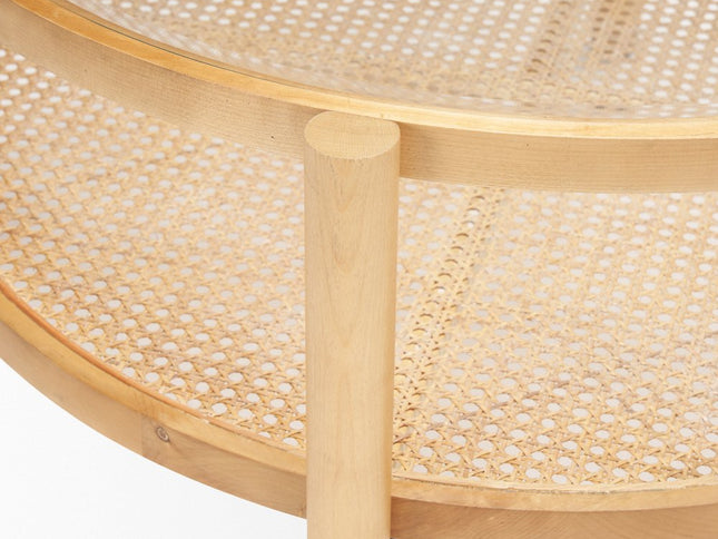 34" Clear and Natural Glass and Solid Wood Round Coffee Table With Shelf