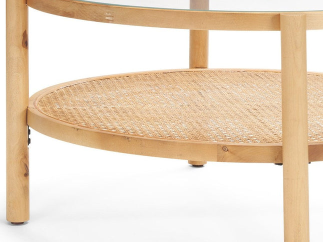 34" Clear and Natural Glass and Solid Wood Round Coffee Table With Shelf