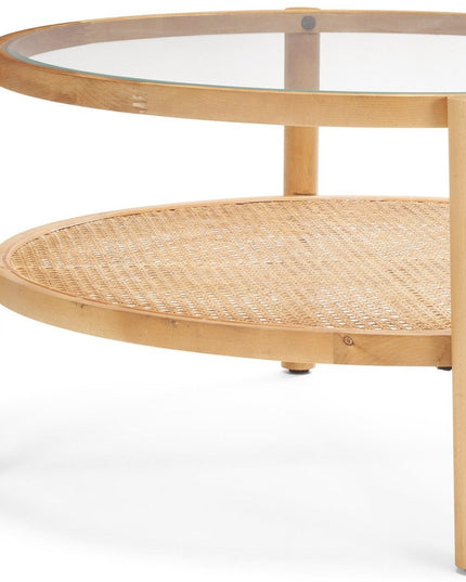 34" Clear and Natural Glass and Solid Wood Round Coffee Table With Shelf