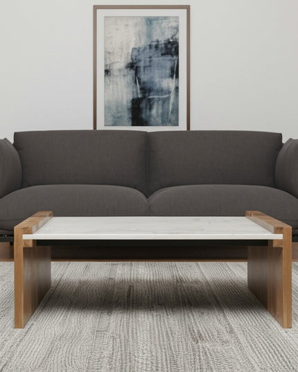 48" Natural and White Solid Wood And Genuine Marble Coffee Table