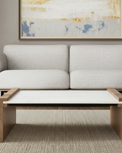 48" Natural and White Solid Wood And Genuine Marble Coffee Table