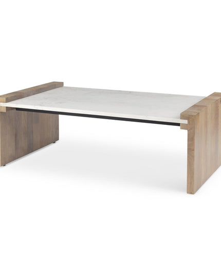 48" Natural and White Solid Wood And Genuine Marble Coffee Table