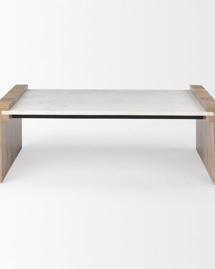 48" Natural and White Solid Wood And Genuine Marble Coffee Table