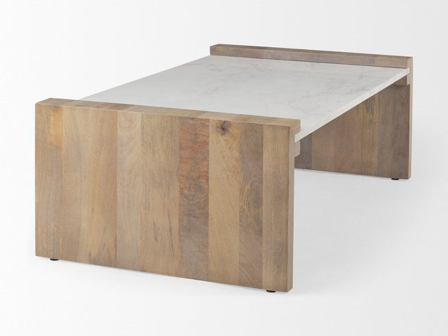 48" Natural and White Solid Wood And Genuine Marble Coffee Table