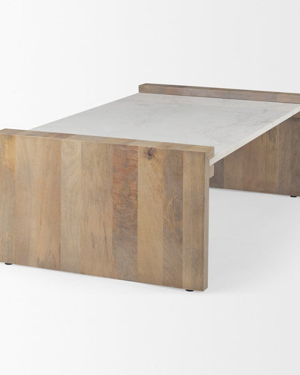 48" Natural and White Solid Wood And Genuine Marble Coffee Table