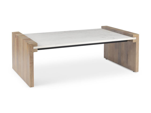 48" Natural and White Solid Wood And Genuine Marble Coffee Table