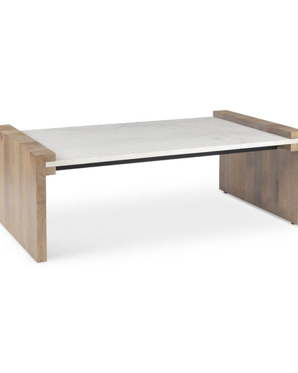 48" Natural and White Solid Wood And Genuine Marble Coffee Table