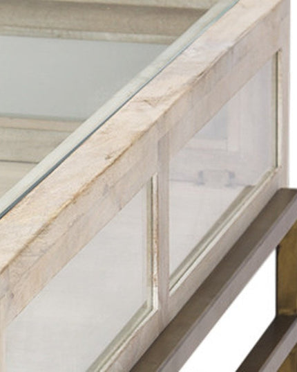 44" Off White Clear And Gold Solid Wood Glass And Iron Storage Coffee Table