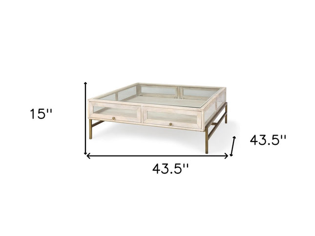 44" Off White Clear And Gold Solid Wood Glass And Iron Storage Coffee Table
