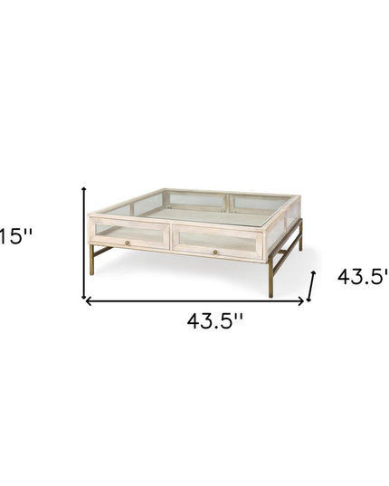 44" Off White Clear And Gold Solid Wood Glass And Iron Storage Coffee Table