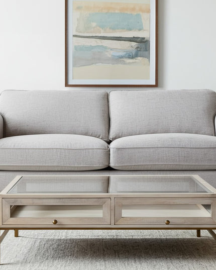 44" Off White Clear And Gold Solid Wood Glass And Iron Storage Coffee Table