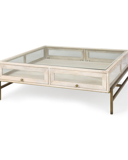 44" Off White Clear And Gold Solid Wood Glass And Iron Storage Coffee Table