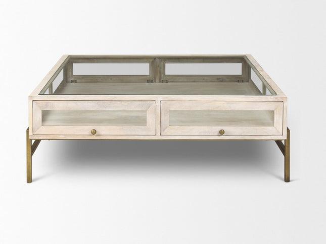 44" Off White Clear And Gold Solid Wood Glass And Iron Storage Coffee Table