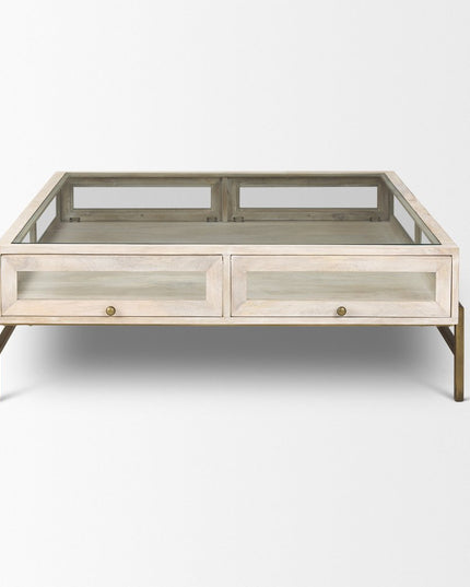 44" Off White Clear And Gold Solid Wood Glass And Iron Storage Coffee Table