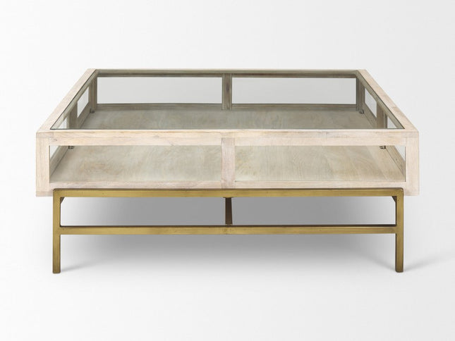 44" Off White Clear And Gold Solid Wood Glass And Iron Storage Coffee Table