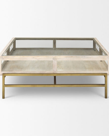 44" Off White Clear And Gold Solid Wood Glass And Iron Storage Coffee Table