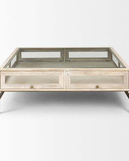 44" Off White Clear And Gold Solid Wood Glass And Iron Storage Coffee Table