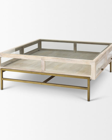 44" Off White Clear And Gold Solid Wood Glass And Iron Storage Coffee Table