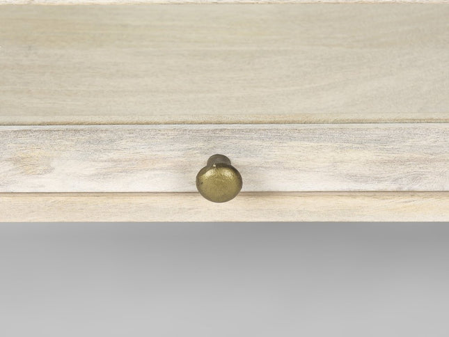 44" Off White Clear And Gold Solid Wood Glass And Iron Storage Coffee Table