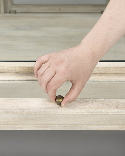 44" Off White Clear And Gold Solid Wood Glass And Iron Storage Coffee Table