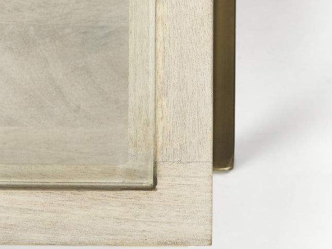 44" Off White Clear And Gold Solid Wood Glass And Iron Storage Coffee Table