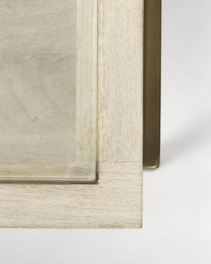 44" Off White Clear And Gold Solid Wood Glass And Iron Storage Coffee Table